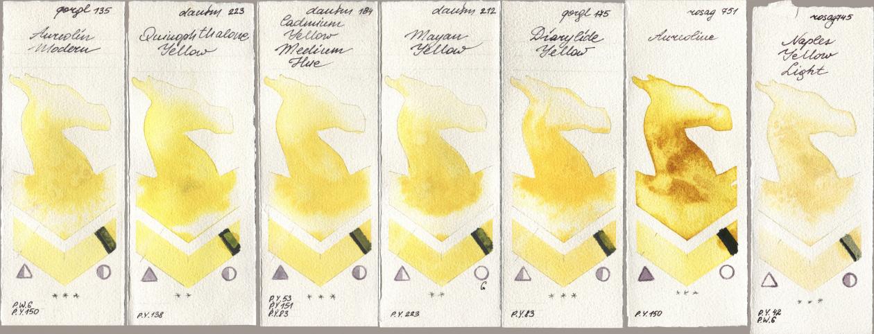 Golden QOR 135 Aureolin Modern, Daniel Smith 223 Quinophthalone Yellow, 184 Cadmium Yellow Medium Hue, 212 Mayan Yellow, 175 Diarylide Yellow, Rosa Gallery 751 Aureoline, 745 Naples Yellow Lig watercolor swatch