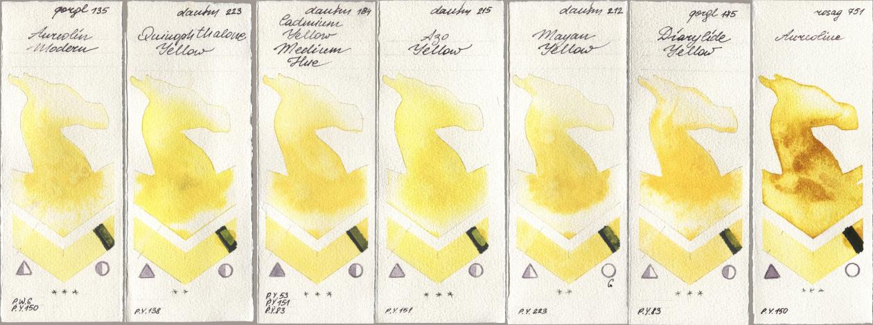 Golden QOR 135 Aureolin Modern, Daniel Smith 223 Quinophthalone Yellow, 184 Cadmium Yellow Medium Hue, 215 Azo Yellow, 212 Mayan Yellow, 175 Diarylide Yellow, Rosa Gallery 751 Aureoli watercolor swatch