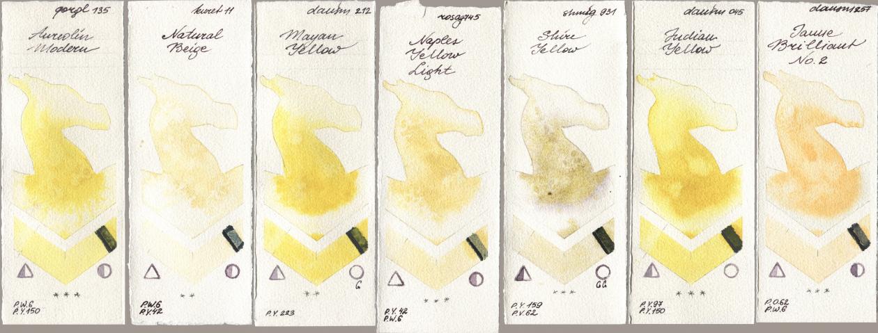 Golden QOR 135 Aureolin Modern, Kuretake Gansai Tambi 011 Natural Beige, Daniel Smith 212 Mayan Yellow, Rosa Gallery 745 Naples Yellow Light, Shminke Horadam Aquarell 931 Shire Yellow, 045 Indian Yellow, 257 Jaune Brilliant No watercolor swatch