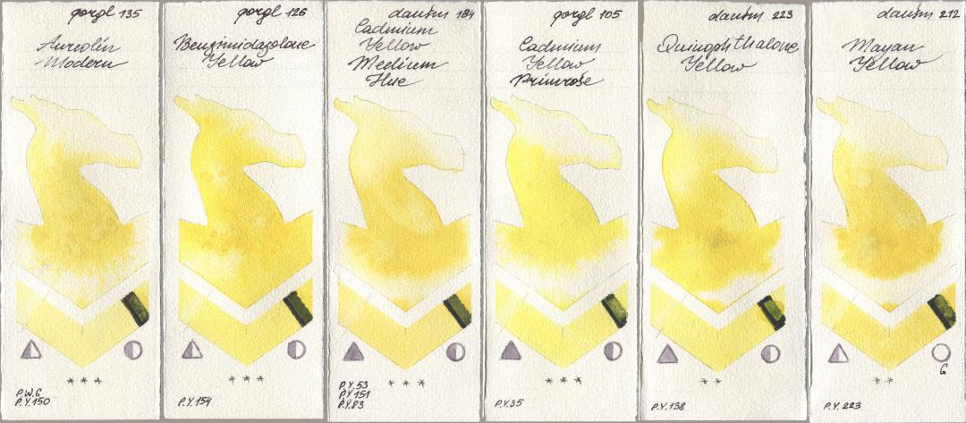Golden QOR 135 Aureolin Modern, 126 Benzimidazolone Yellow, Daniel Smith 184 Cadmium Yellow Medium Hue, 105 Cadmium Yellow Primrose, 223 Quinophthalone Yellow, 212 Mayan Yell watercolor swatch