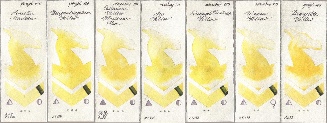 Golden QOR 135 Aureolin Modern, 126 Benzimidazolone Yellow, Daniel Smith 184 Cadmium Yellow Medium Hue, Rosa Gallery 771 Azo Yellow, 223 Quinophthalone Yellow, 212 Mayan Yellow, 175 Diarylide Yell watercolor swatch
