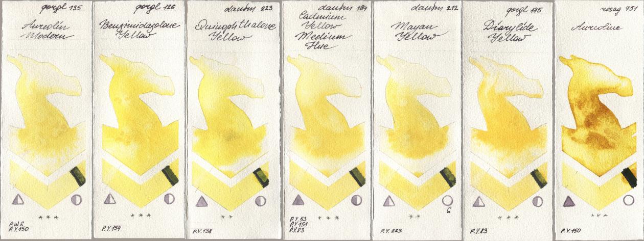 Golden QOR 135 Aureolin Modern, 126 Benzimidazolone Yellow, Daniel Smith 223 Quinophthalone Yellow, 184 Cadmium Yellow Medium Hue, 212 Mayan Yellow, 175 Diarylide Yellow, Rosa Gallery 751 Aureoli watercolor swatch