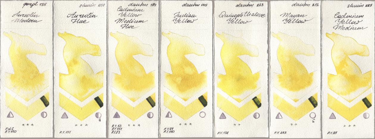 Golden QOR 135 Aureolin Modern, Shminke Horadam Aquarell 208 Aureolin Hue, Daniel Smith 184 Cadmium Yellow Medium Hue, 045 Indian Yellow, 223 Quinophthalone Yellow, 212 Mayan Yellow, 225 Cadmium Yellow Medi watercolor swatch