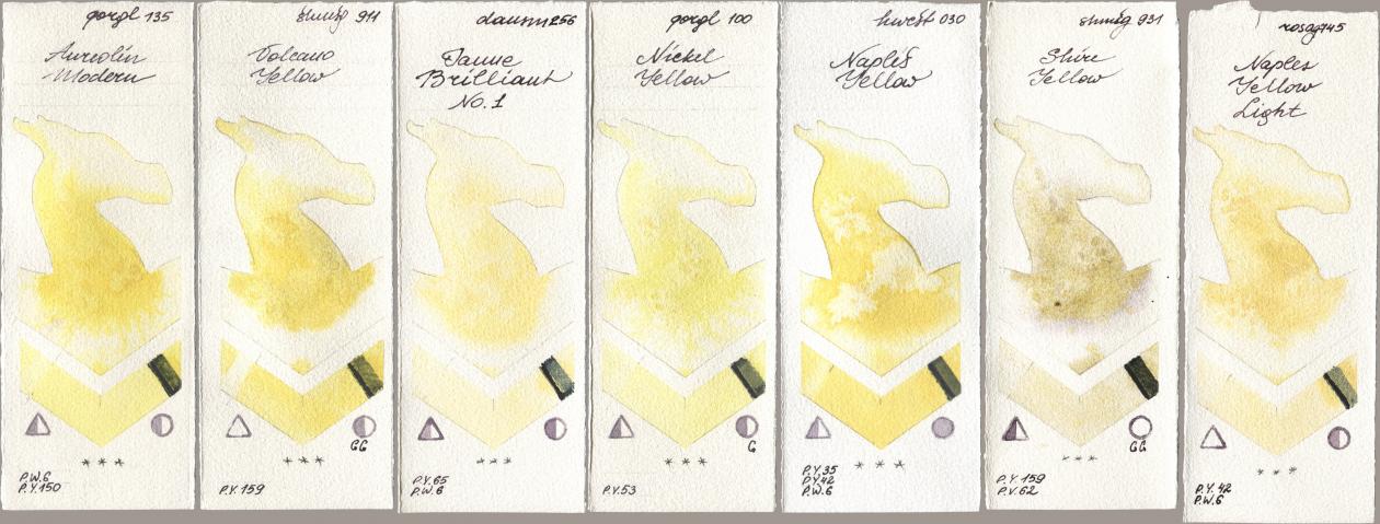 Golden QOR 135 Aureolin Modern, Shminke Horadam Aquarell 911 Volcano Yellow, Daniel Smith 256 Jaune Brilliant No 1, 100 Nickel Yellow, Holbein Artists Watercolor 030 Naples Yellow, 931 Shire Yellow, Rosa Gallery 745 Naples Yellow Lig watercolor swatch
