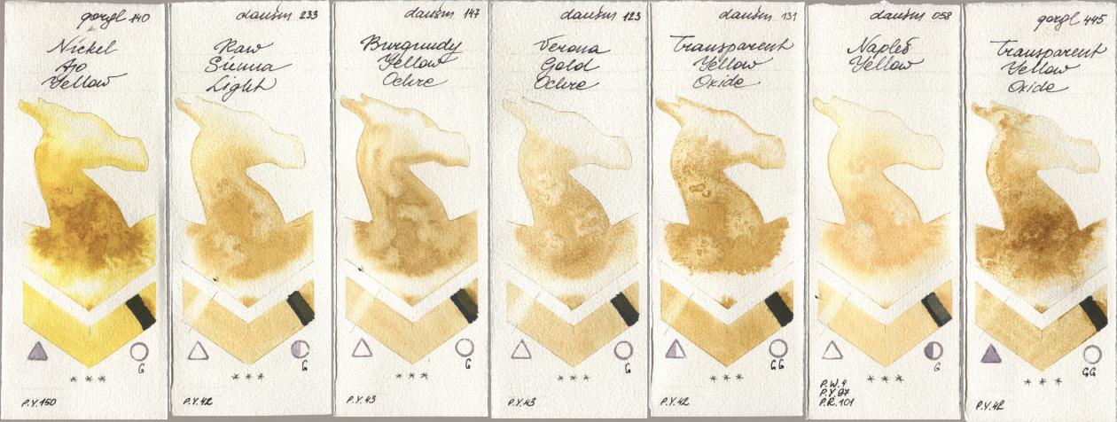 Golden QOR 140 Nickel Azo Yellow, Daniel Smith 233 Raw Sienna Light, 147 Burgundy Yellow Ochre, 123 Verona Gold Ochre, 131 Transparent Yellow Oxide, 058 Naples Yellow, 445 Transparent Yellow Oxi watercolor swatch