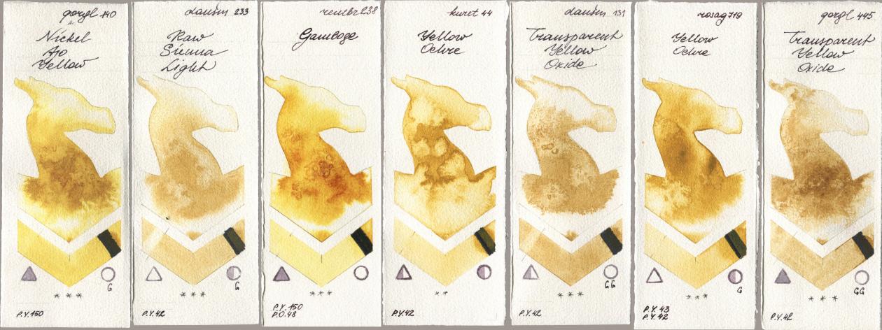 Golden QOR 140 Nickel Azo Yellow, Daniel Smith 233 Raw Sienna Light, Royal Talens Rembrandt Watercolour 238 Gamboge, Kuretake Gansai Tambi 044 Yellow Ochre, 131 Transparent Yellow Oxide, Rosa Gallery 719 Yellow Ochre, 445 Transparent Yellow Oxi watercolor swatch