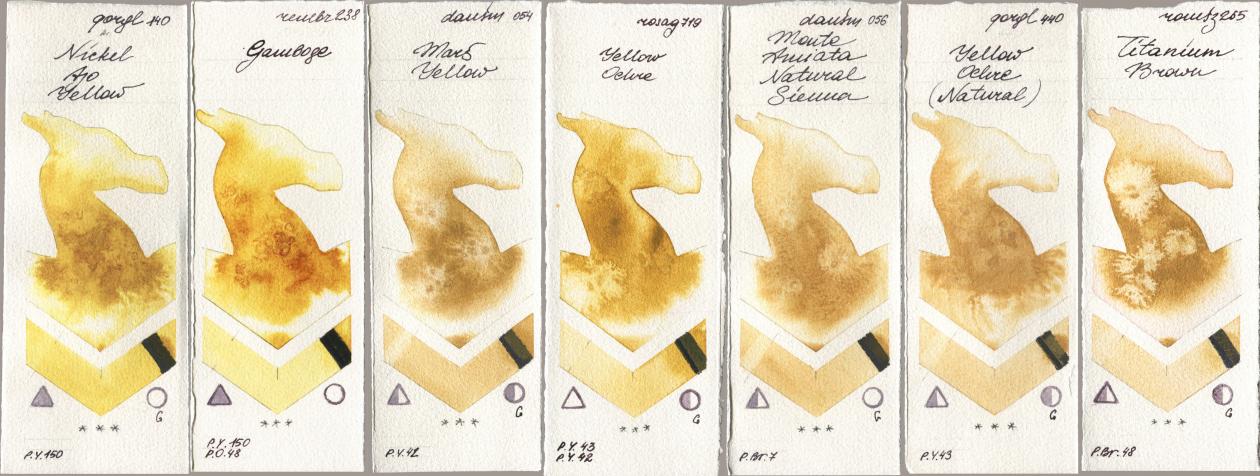 Golden QOR 140 Nickel Azo Yellow, Royal Talens Rembrandt Watercolour 238 Gamboge, Daniel Smith 054 Mars Yellow, Rosa Gallery 719 Yellow Ochre, 056 Monte Amiata Natural Sienna, 440 Yellow Ochre (Natural), Roman Szmal Aquarius 265 Titanium Bro watercolor swatch