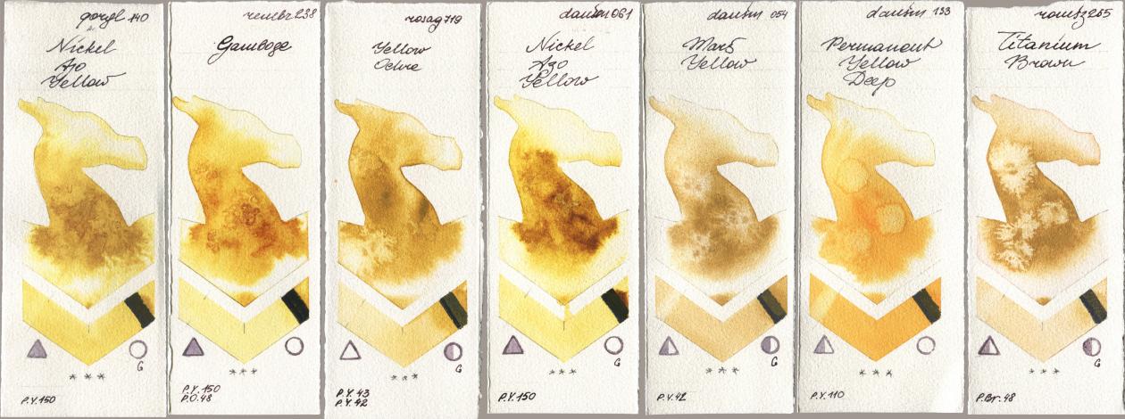 Golden QOR 140 Nickel Azo Yellow, Royal Talens Rembrandt Watercolour 238 Gamboge, Rosa Gallery 719 Yellow Ochre, Daniel Smith 061 Nickel Azo Yellow, 054 Mars Yellow, 133 Permanent Yellow Deep, Roman Szmal Aquarius 265 Titanium Bro watercolor swatch