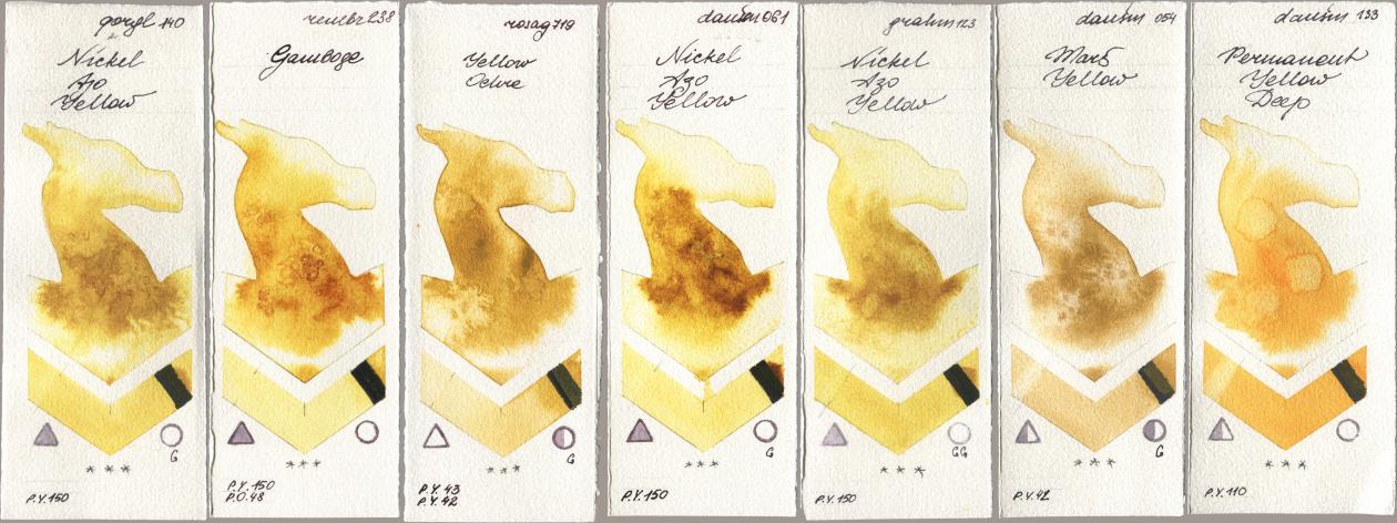 Golden QOR 140 Nickel Azo Yellow, Royal Talens Rembrandt Watercolour 238 Gamboge, Rosa Gallery 719 Yellow Ochre, Daniel Smith 061 Nickel Azo Yellow, M. Graham & Co. Artists 123 Nickel Azo Yellow, 054 Mars Yellow, 133 Permanent Yellow De watercolor swatch