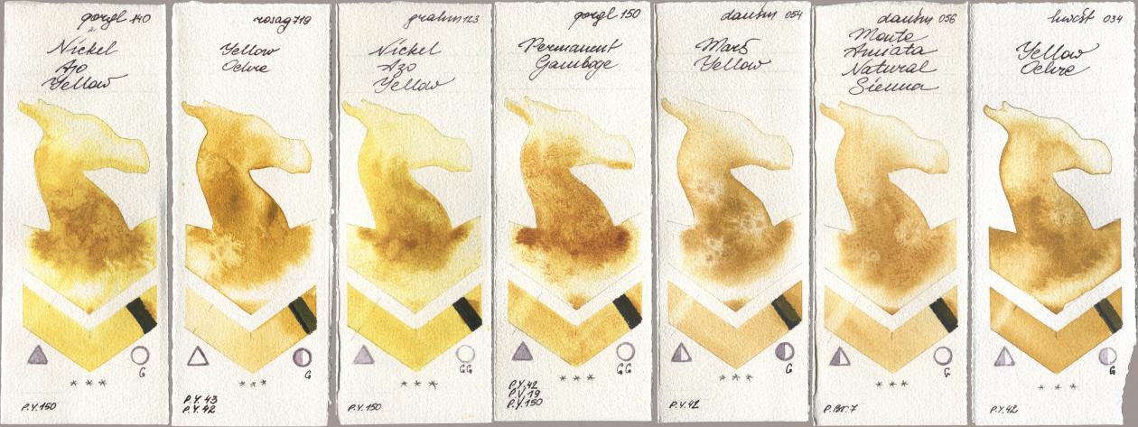 Golden QOR 140 Nickel Azo Yellow, Rosa Gallery 719 Yellow Ochre, M. Graham & Co. Artists 123 Nickel Azo Yellow, 150 Permanent Gamboge, Daniel Smith 054 Mars Yellow, 056 Monte Amiata Natural Sienna, Holbein Artists Watercolor 034 Yellow Och watercolor swatch