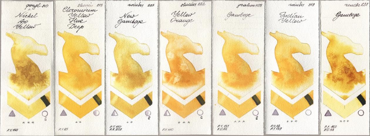 Golden QOR 140 Nickel Azo Yellow, Shminke Horadam Aquarell 213 Chrome Yellow Deep LF (Chromium Yellow Hue Deep), Winsor & Newton Professional 267 New Gamboge, 222 Yellow Orange, M. Graham & Co. Artists 105 Gamboge, 319 Indian Yellow, Royal Talens Rembrandt Watercolour 238 Gambo watercolor swatch