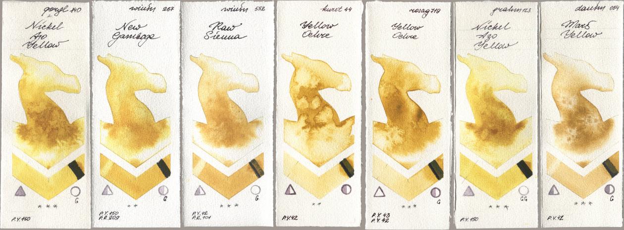 Golden QOR 140 Nickel Azo Yellow, Winsor & Newton Professional 267 New Gamboge, 552 Raw Sienna, Kuretake Gansai Tambi 044 Yellow Ochre, Rosa Gallery 719 Yellow Ochre, M. Graham & Co. Artists 123 Nickel Azo Yellow, Daniel Smith 054 Mars Yell watercolor swatch