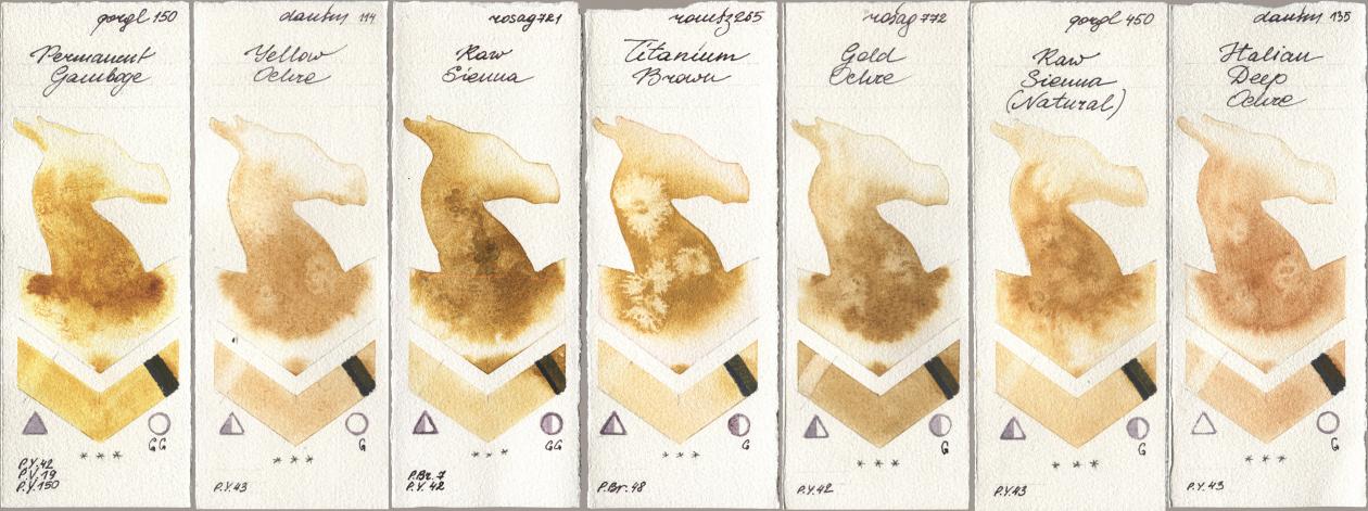 Golden QOR 150 Permanent Gamboge, Daniel Smith 114 Yellow Ochre, Rosa Gallery 721 Raw Sienna, Roman Szmal Aquarius 265 Titanium Brown, 772 Gold Ochre, 450 Raw Sienna (Natural), 135 Italian Deep Och watercolor swatch