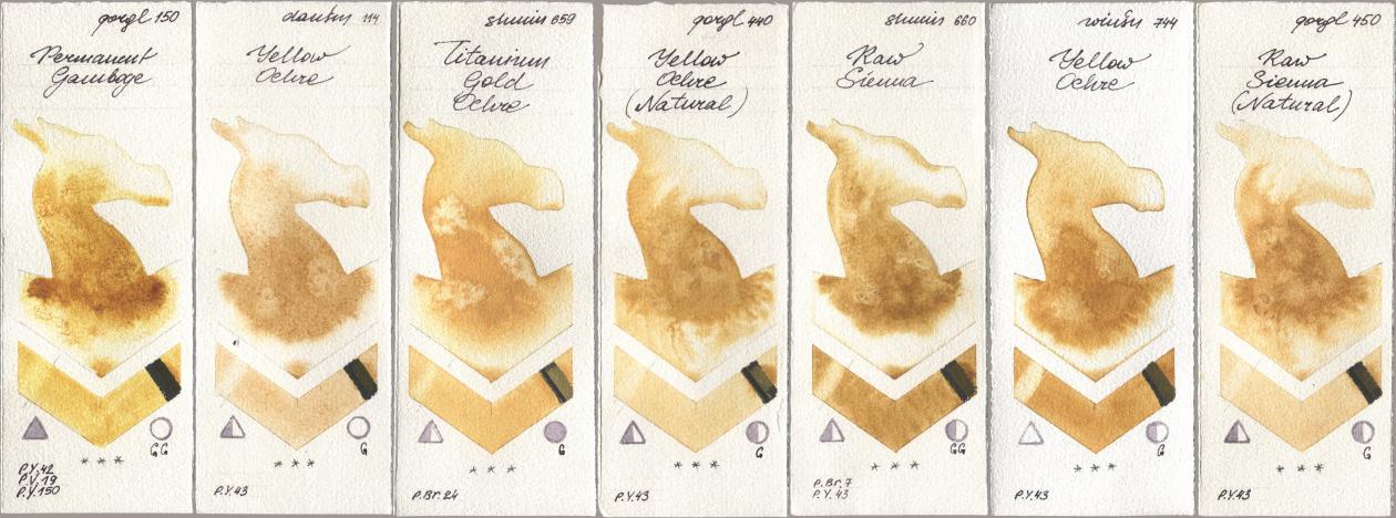 Golden QOR 150 Permanent Gamboge, Daniel Smith 114 Yellow Ochre, Shminke Horadam Aquarell 659 Titanium Gold Ochre, 440 Yellow Ochre (Natural), 660 Raw Sienna, Winsor & Newton Professional 744 Yellow Ochre, 450 Raw Sienna (Natura watercolor swatch