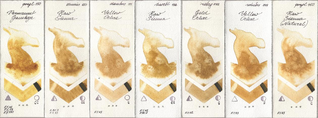 Golden QOR 150 Permanent Gamboge, Shminke Horadam Aquarell 660 Raw Sienna, Daniel Smith 114 Yellow Ochre, Holbein Artists Watercolor 132 Raw Sienna, Rosa Gallery 772 Gold Ochre, Winsor & Newton Professional 744 Yellow Ochre, 450 Raw Sienna (Natura watercolor swatch