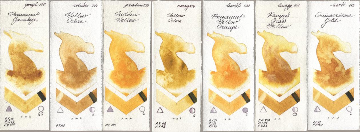 Golden QOR 150 Permanent Gamboge, Winsor & Newton Professional 744 Yellow Ochre, M. Graham & Co. Artists 109 Indian Yellow, Rosa Gallery 719 Yellow Ochre, Holbein Artists Watercolor 038 Permanent Yellow Orange, 511 Pampas Grass Yellow, 142 Quinacridone Go watercolor swatch