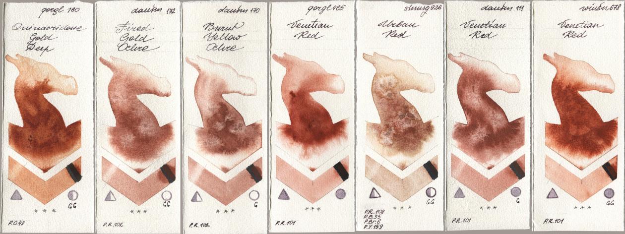 Golden QOR 160 Quinacridone Gold Deep, Daniel Smith 172 Fired Gold Ochre, 170 Burnt Yellow Ochre, 465 Venetian Red, Shminke Horadam Aquarell 926 Urban Red, 111 Venetian Red, Winsor & Newton Professional 678 Venetian R watercolor swatch