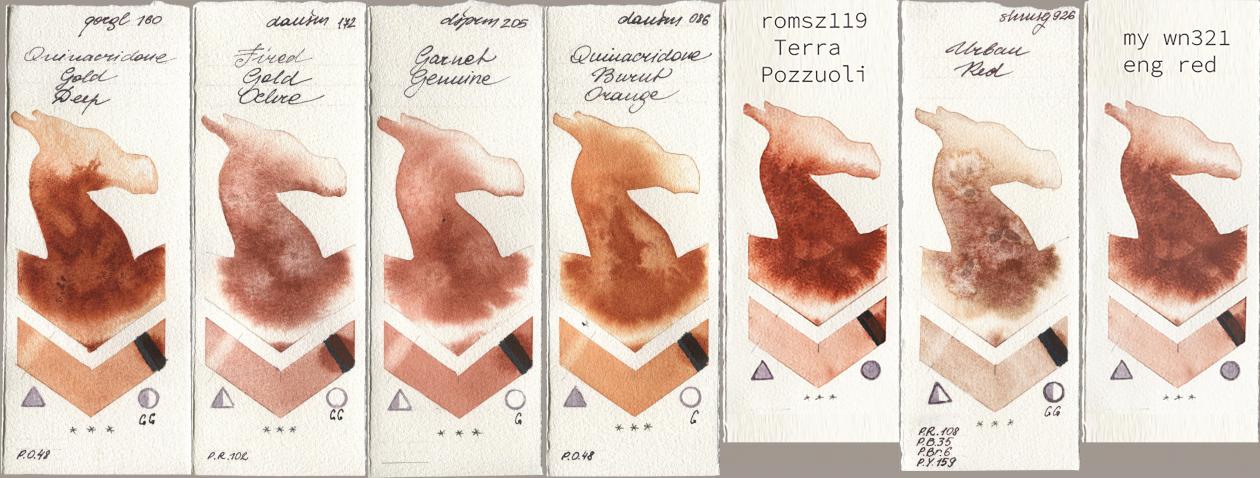 Golden QOR 160 Quinacridone Gold Deep, Daniel Smith 172 Fired Gold Ochre, 205 Garnet Genuine, 086 Quinacridone Burnt Orange, my 119 pozzuoli, Shminke Horadam Aquarell 926 Urban Red, 034 eng r watercolor swatch