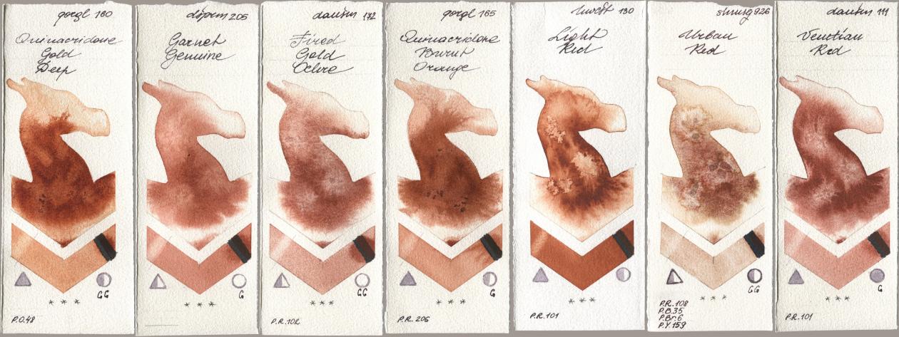 Golden QOR 160 Quinacridone Gold Deep, Daniel Smith 205 Garnet Genuine, 172 Fired Gold Ochre, 165 Quinacridone Burnt Orange, Holbein Artists Watercolor 130 Light Red, Shminke Horadam Aquarell 926 Urban Red, 111 Venetian R watercolor swatch