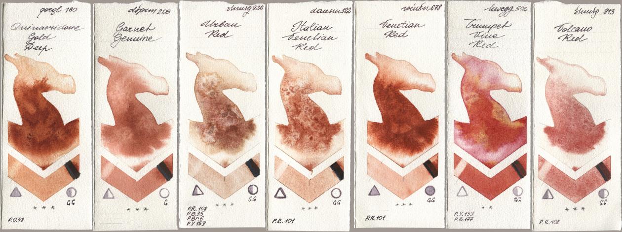 Golden QOR 160 Quinacridone Gold Deep, Daniel Smith 205 Garnet Genuine, Shminke Horadam Aquarell 926 Urban Red, 122 Italian Venetian Red, Winsor & Newton Professional 678 Venetian Red, Holbein Artists Watercolor 502 Trumpet Vine Red, 913 Volcano R watercolor swatch
