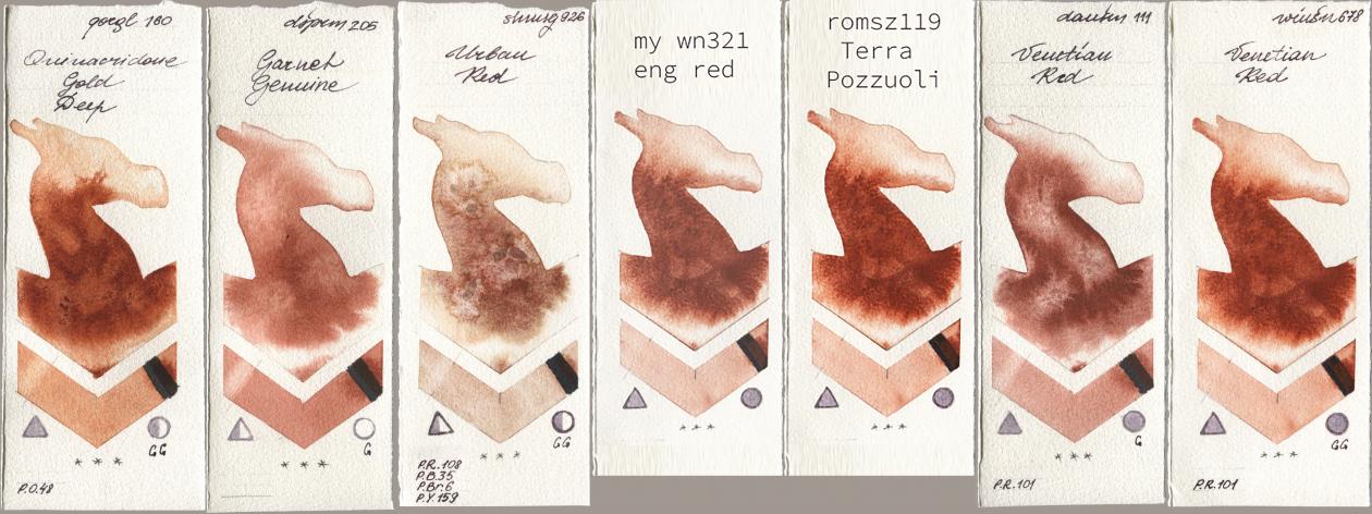 Golden QOR 160 Quinacridone Gold Deep, Daniel Smith 205 Garnet Genuine, Shminke Horadam Aquarell 926 Urban Red, my 034 eng red, 119 pozzuoli, 111 Venetian Red, Winsor & Newton Professional 678 Venetian R watercolor swatch