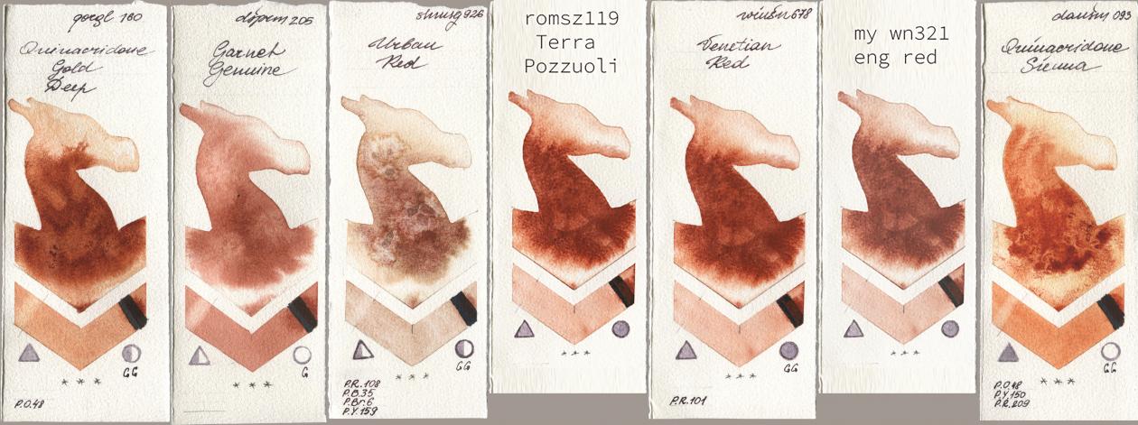 Golden QOR 160 Quinacridone Gold Deep, Daniel Smith 205 Garnet Genuine, Shminke Horadam Aquarell 926 Urban Red, my 119 pozzuoli, Winsor & Newton Professional 678 Venetian Red, 034 eng red, 093 Quinacridone Sien watercolor swatch