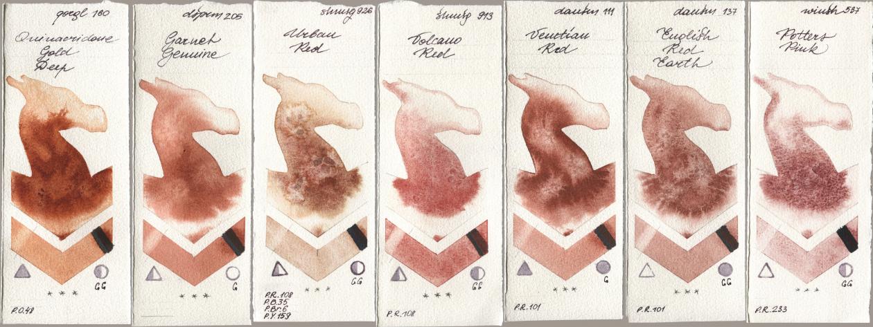 Golden QOR 160 Quinacridone Gold Deep, Daniel Smith 205 Garnet Genuine, Shminke Horadam Aquarell 926 Urban Red, 913 Volcano Red, 111 Venetian Red, 137 English Red Earth, Winsor & Newton Professional 537 Potters Pi watercolor swatch