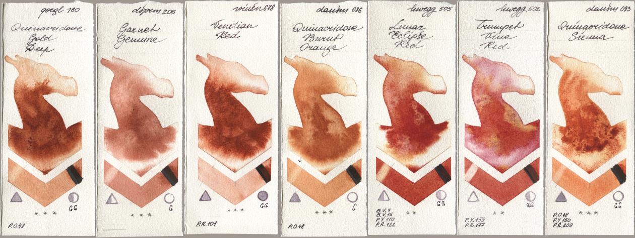 Golden QOR 160 Quinacridone Gold Deep, Daniel Smith 205 Garnet Genuine, Winsor & Newton Professional 678 Venetian Red, 086 Quinacridone Burnt Orange, Holbein Artists Watercolor 505 Lunar Eclipse Red, 502 Trumpet Vine Red, 093 Quinacridone Sien watercolor swatch