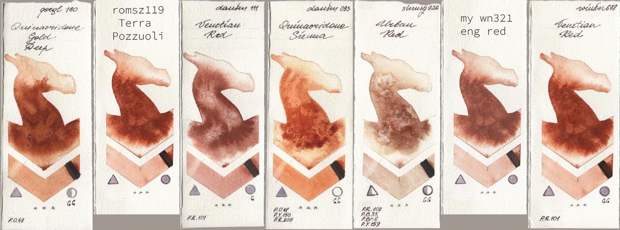 Golden QOR 160 Quinacridone Gold Deep, my 119 pozzuoli, Daniel Smith 111 Venetian Red, 093 Quinacridone Sienna, Shminke Horadam Aquarell 926 Urban Red, 034 eng red, Winsor & Newton Professional 678 Venetian R watercolor swatch