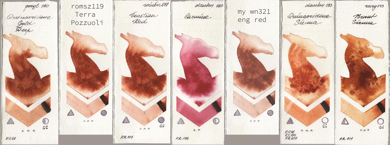 Golden QOR 160 Quinacridone Gold Deep, my 119 pozzuoli, Winsor & Newton Professional 678 Venetian Red, Daniel Smith 020 Carmine, 034 eng red, 093 Quinacridone Sienna, Rosa Gallery 733 Burnt Sien watercolor swatch