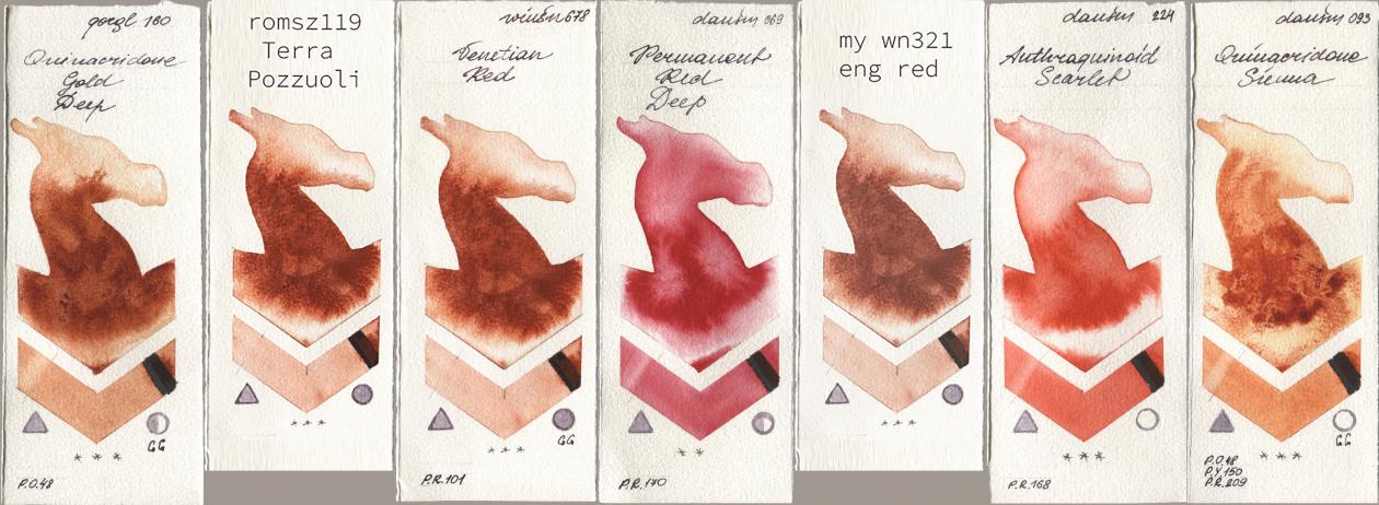 Golden QOR 160 Quinacridone Gold Deep, my 119 pozzuoli, Winsor & Newton Professional 678 Venetian Red, Daniel Smith 069 Permanent Red Deep, 034 eng red, 224 Anthraquinoid Scarlet, 093 Quinacridone Sien watercolor swatch