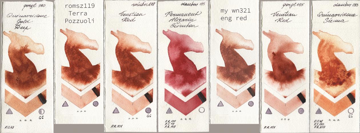 Golden QOR 160 Quinacridone Gold Deep, my 119 pozzuoli, Winsor & Newton Professional 678 Venetian Red, Daniel Smith 185 Permanent Alizarin Crimson, 034 eng red, 465 Venetian Red, 093 Quinacridone Sien watercolor swatch