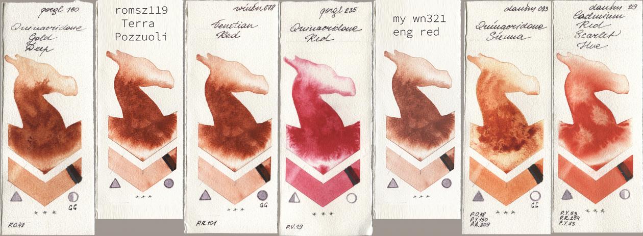 Golden QOR 160 Quinacridone Gold Deep, my 119 pozzuoli, Winsor & Newton Professional 678 Venetian Red, 235 Quinacridone Red, 034 eng red, Daniel Smith 093 Quinacridone Sienna, 219 Cadmium Red Scarlet H watercolor swatch