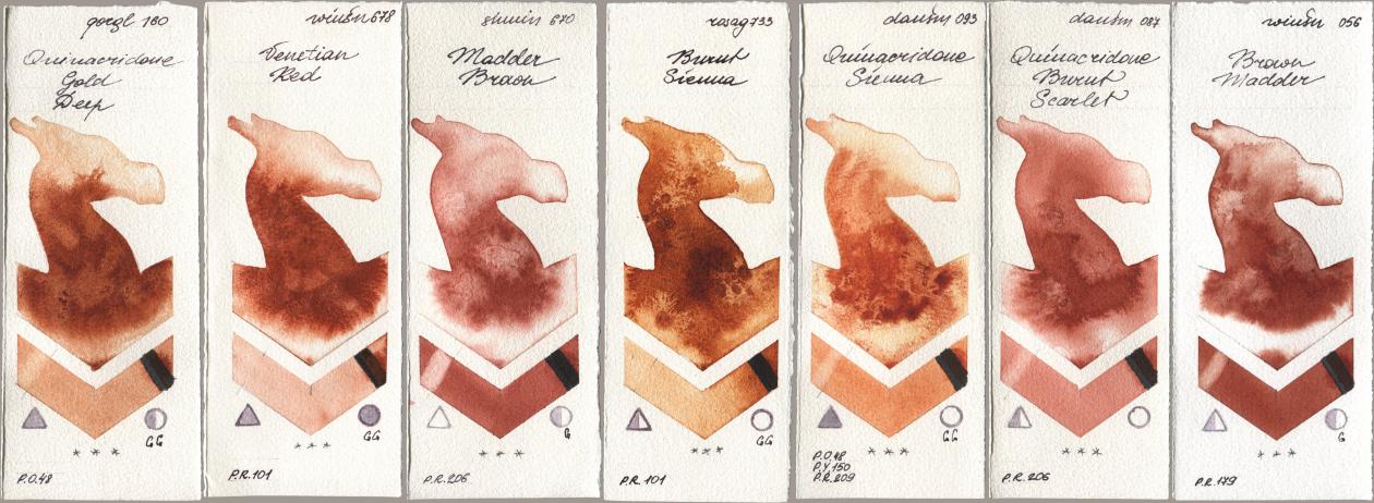 Golden QOR 160 Quinacridone Gold Deep, Winsor & Newton Professional 678 Venetian Red, Shminke Horadam Aquarell 670 Madder Brown, Rosa Gallery 733 Burnt Sienna, Daniel Smith 093 Quinacridone Sienna, 087 Quinacridone Burnt Scarlet, 056 Brown Madd watercolor swatch