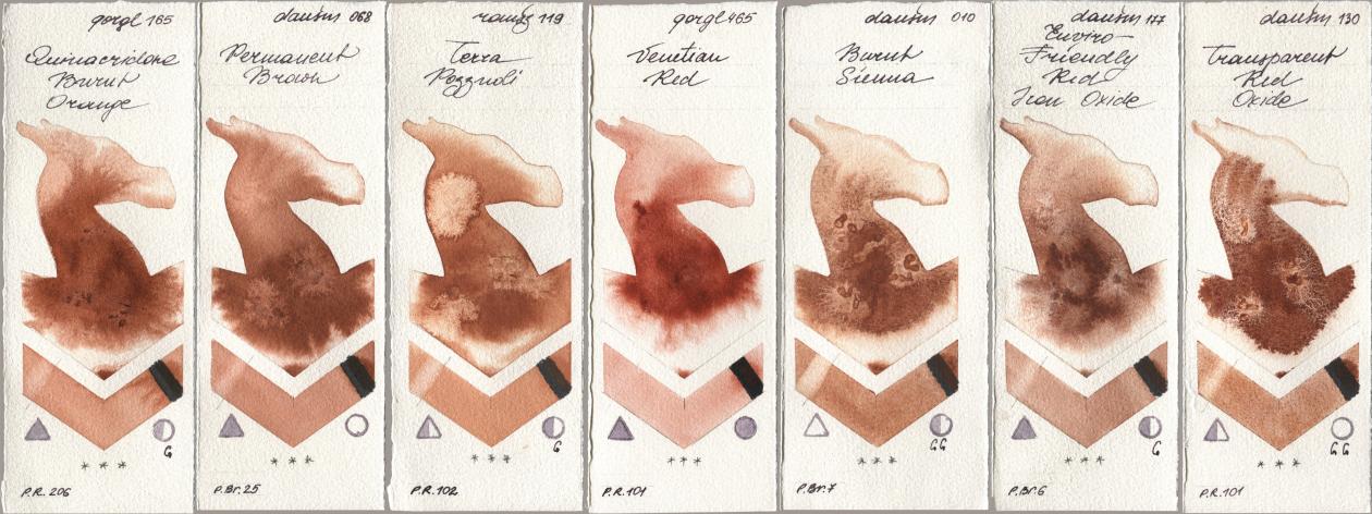 Golden QOR 165 Quinacridone Burnt Orange, Daniel Smith 068 Permanent Brown, Roman Szmal Aquarius 119 Terra Pozzuoli, 465 Venetian Red, 010 Burnt Sienna, 177 Enviro-Friendly Red Iron Oxide, 130 Transparent Red Oxi watercolor swatch