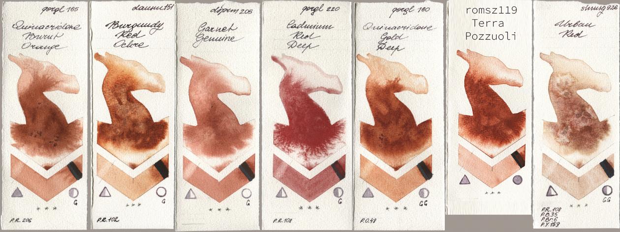 Golden QOR 165 Quinacridone Burnt Orange, Daniel Smith 151 Burgundy Red Ochre, 205 Garnet Genuine, 220 Cadmium Red Deep, 160 Quinacridone Gold Deep, my 119 pozzuoli, Shminke Horadam Aquarell 926 Urban R watercolor swatch