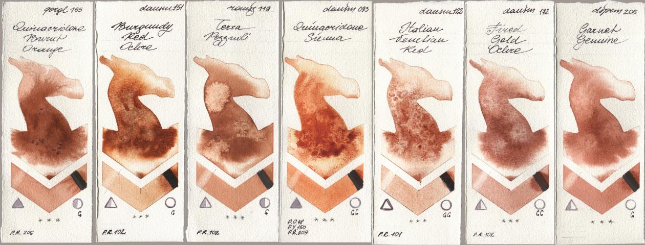 Golden QOR 165 Quinacridone Burnt Orange, Daniel Smith 151 Burgundy Red Ochre, Roman Szmal Aquarius 119 Terra Pozzuoli, 093 Quinacridone Sienna, 122 Italian Venetian Red, 172 Fired Gold Ochre, 205 Garnet Genui watercolor swatch