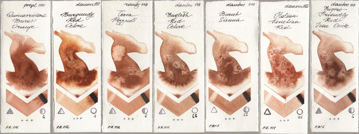 Golden QOR 165 Quinacridone Burnt Orange, Daniel Smith 151 Burgundy Red Ochre, Roman Szmal Aquarius 119 Terra Pozzuoli, 136 English Red Ochre, 010 Burnt Sienna, 122 Italian Venetian Red, 177 Enviro-Friendly Red Iron Oxi watercolor swatch