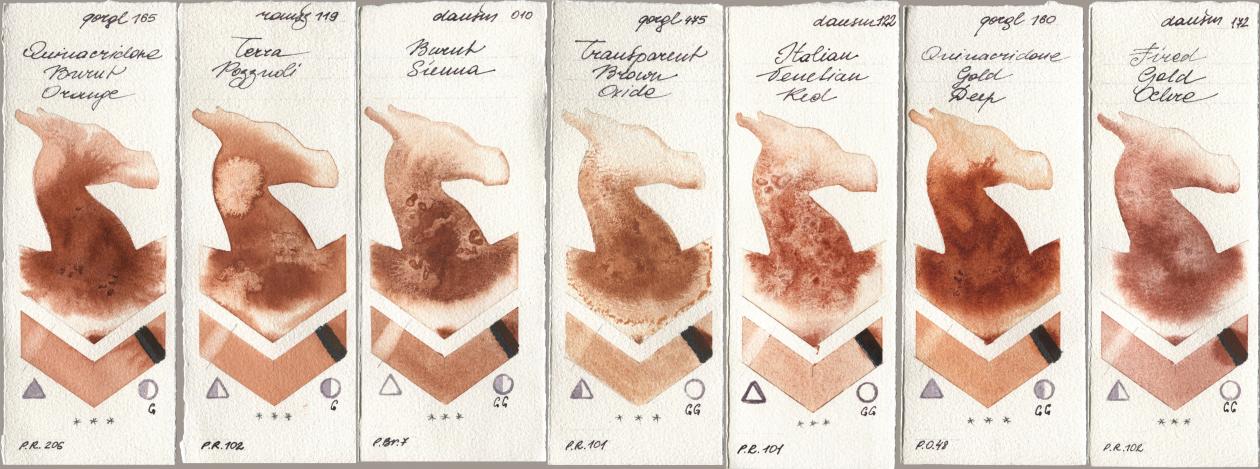 Golden QOR 165 Quinacridone Burnt Orange, Roman Szmal Aquarius 119 Terra Pozzuoli, Daniel Smith 010 Burnt Sienna, 475 Transparent Brown Oxide, 122 Italian Venetian Red, 160 Quinacridone Gold Deep, 172 Fired Gold Och watercolor swatch