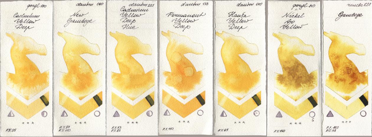 Golden QOR 170 Cadmium Yellow Deep, Daniel Smith 060 New Gamboge, 221 Cadmium Yellow Deep Hue, 133 Permanent Yellow Deep, 040 Hansa Yellow Deep, 140 Nickel Azo Yellow, Royal Talens Rembrandt Watercolour 238 Gambo watercolor swatch