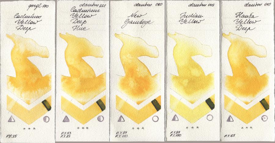 Golden QOR 170 Cadmium Yellow Deep, Daniel Smith 221 Cadmium Yellow Deep Hue, 060 New Gamboge, 045 Indian Yellow, 040 Hansa Yellow De watercolor swatch