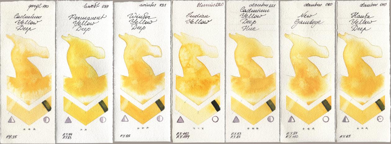 Golden QOR 170 Cadmium Yellow Deep, Holbein Artists Watercolor 037 Permanent Yellow Deep, Winsor & Newton Professional 731 Winsor Yellow Deep, Shminke Horadam Aquarell 220 Indian Yellow, Daniel Smith 221 Cadmium Yellow Deep Hue, 060 New Gamboge, 040 Hansa Yellow De watercolor swatch