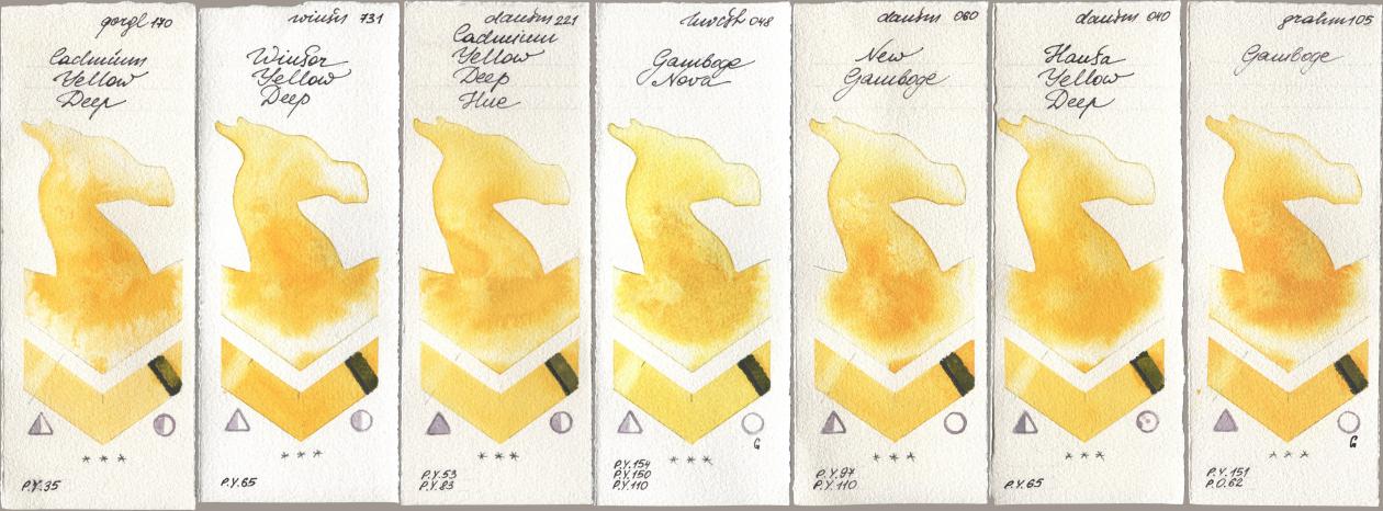Golden QOR 170 Cadmium Yellow Deep, Winsor & Newton Professional 731 Winsor Yellow Deep, Daniel Smith 221 Cadmium Yellow Deep Hue, Holbein Artists Watercolor 048 Gamboge Nova, 060 New Gamboge, 040 Hansa Yellow Deep, M. Graham & Co. Artists 105 Gambo watercolor swatch