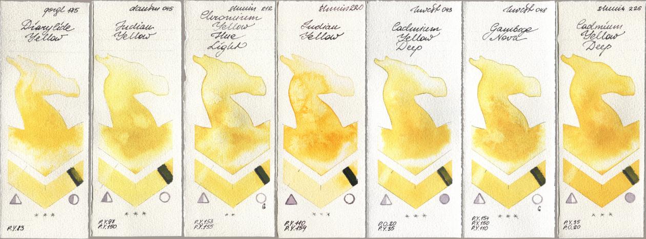 Golden QOR 175 Diarylide Yellow, Daniel Smith 045 Indian Yellow, Shminke Horadam Aquarell 212 Chromium Yellow Hue Light, 220 Indian Yellow, Holbein Artists Watercolor 043 Cadmium Yellow Deep, 048 Gamboge Nova, 226 Cadmium Yellow De watercolor swatch