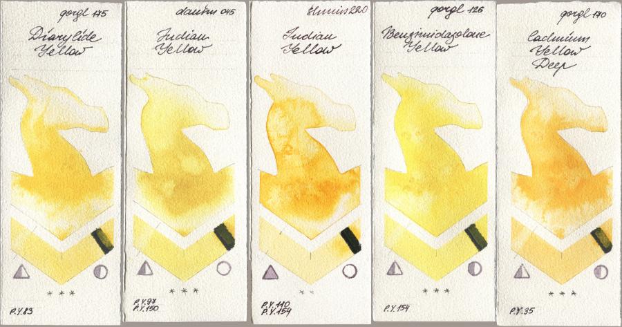 Golden QOR 175 Diarylide Yellow, Daniel Smith 045 Indian Yellow, Shminke Horadam Aquarell 220 Indian Yellow, 126 Benzimidazolone Yellow, 170 Cadmium Yellow De watercolor swatch