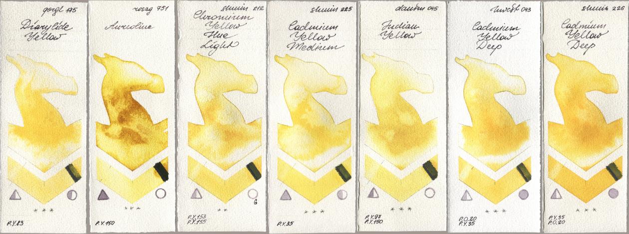 Golden QOR 175 Diarylide Yellow, Rosa Gallery 751 Aureoline, Shminke Horadam Aquarell 212 Chromium Yellow Hue Light, 225 Cadmium Yellow Medium, Daniel Smith 045 Indian Yellow, Holbein Artists Watercolor 043 Cadmium Yellow Deep, 226 Cadmium Yellow De watercolor swatch