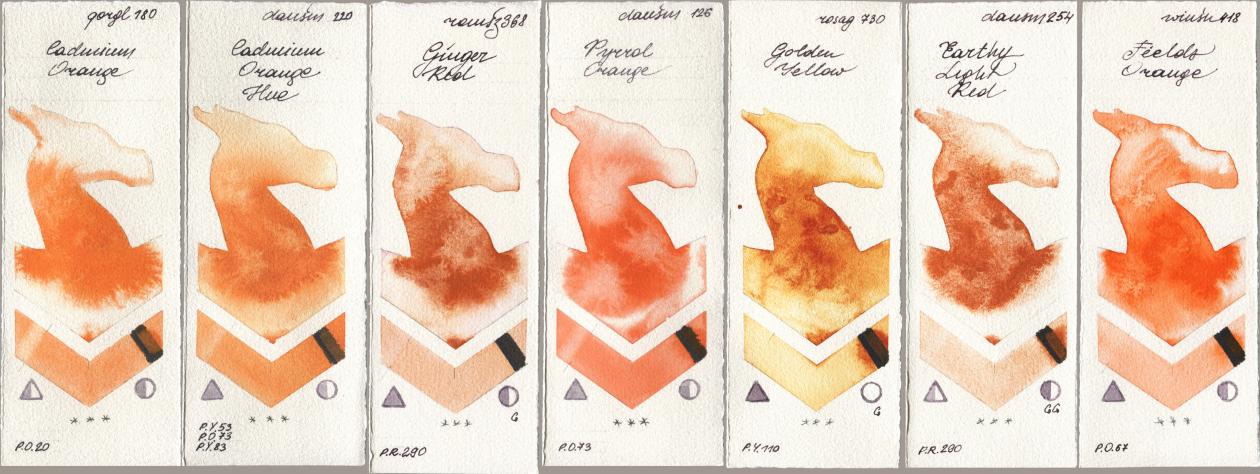 Golden QOR 180 Cadmium Orange, Daniel Smith 220 Cadmium Orange Hue, Roman Szmal Aquarius 368 Genger Red, 126 Pyrrol Orange, Rosa Gallery 730 Golden Yellow, 254 Earthy Light Red, Winsor & Newton Professional 418 Fields Oran watercolor swatch