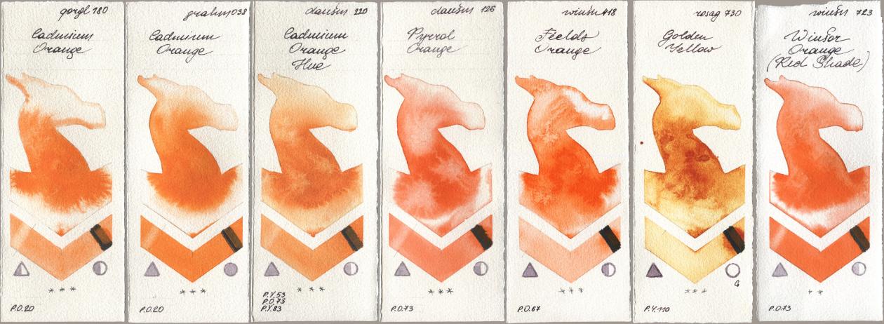 Golden QOR 180 Cadmium Orange, M. Graham & Co. Artists 038 Cadmium Orange, Daniel Smith 220 Cadmium Orange Hue, 126 Pyrrol Orange, Winsor & Newton Professional 418 Fields Orange, Rosa Gallery 730 Golden Yellow, 723 Winsor Orange (Red Shad watercolor swatch