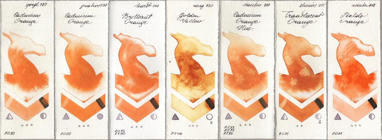 Golden QOR 180 Cadmium Orange, M. Graham & Co. Artists 038 Cadmium Orange, Holbein Artists Watercolor 047 Brilliant Orange, Rosa Gallery 730 Golden Yellow, Daniel Smith 220 Cadmium Orange Hue, Shminke Horadam Aquarell 218 Translucent Orange / Transparent Orange, Winsor & Newton Professional 418 Fields Oran watercolor swatch
