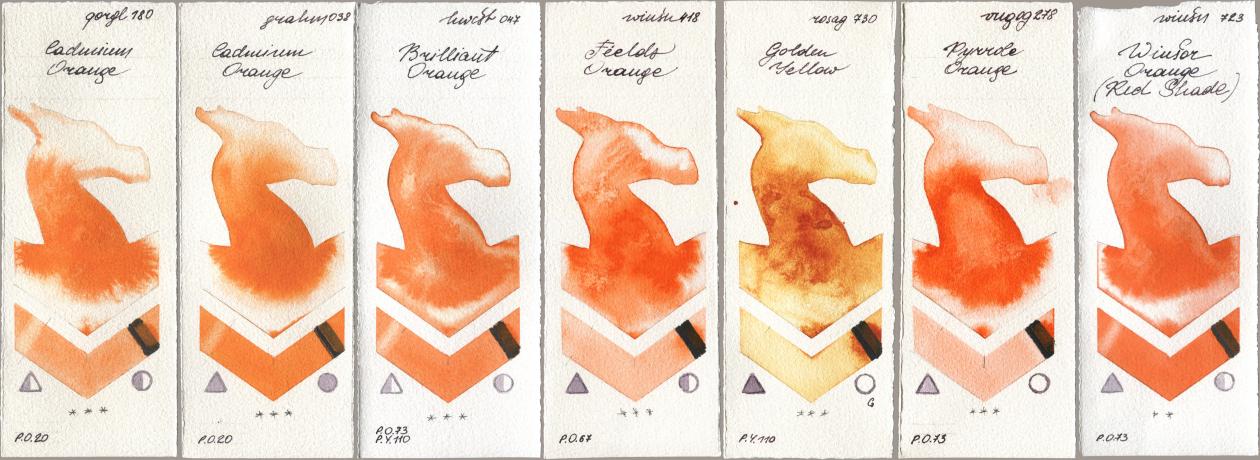 Golden QOR 180 Cadmium Orange, M. Graham & Co. Artists 038 Cadmium Orange, Holbein Artists Watercolor 047 Brilliant Orange, Winsor & Newton Professional 418 Fields Orange, Rosa Gallery 730 Golden Yellow, Royal Talens Van Gogh Watercolour 278 Pyrrole Orange, 723 Winsor Orange (Red Shad watercolor swatch